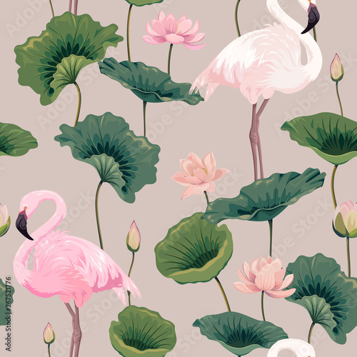 Seamless pattern with flamingo and lotus flowers