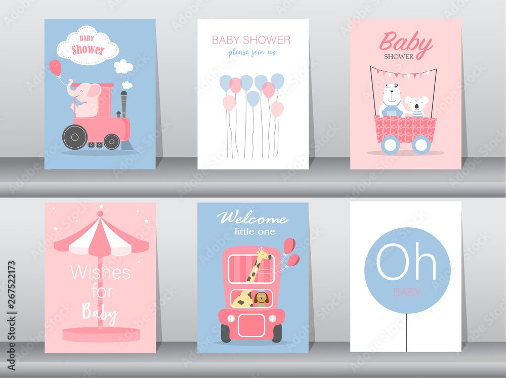 Plakat Set of baby shower invitation cards,birthday cards,poster,template,greeting cards,cute,bear,train,car,animal,Vector illustrations
