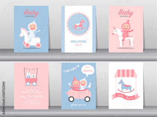 Set of baby shower invitation cards,birthday cards,poster,template,greeting cards,cute,children,toy,animal,Rocking horse,Vector illustrations