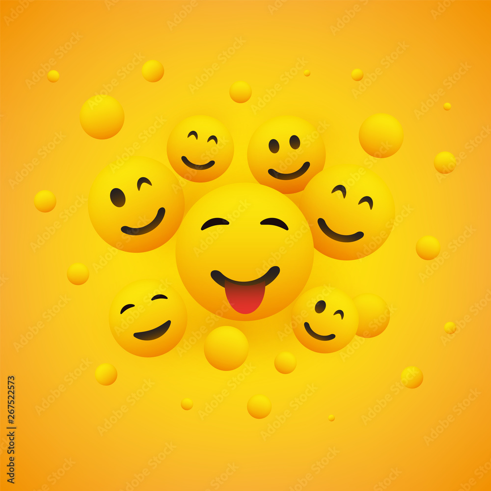 Fototapeta premium Various Smiling Happy Emoticons in Front of a Yellow Background, Vector Concept Illustration 