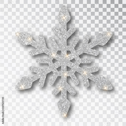 Silver snowflake isolated on a transparent background. Christmas decoration, covered bright glitter. Silver glitter texture snowflake isolated. Xmas ornament silver snow with bright sparkle