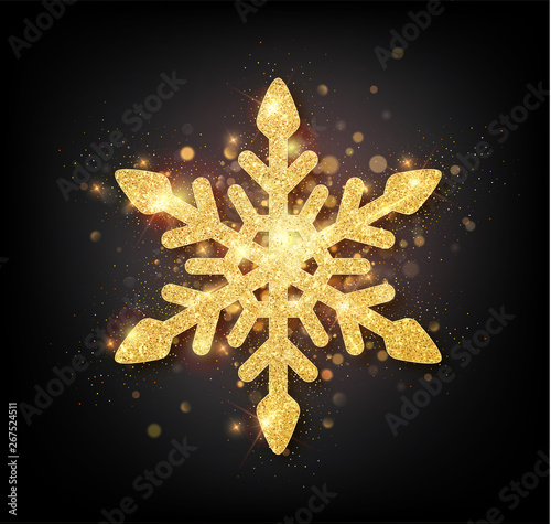 Glitter covered gold snowflake with on transparent background. Greeting card, invitation happy New year 2018 and Christmas. Vector illustration