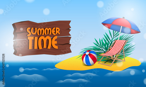 Hello summer time sand island tropical holiday vacation with sea with chair and umbrella