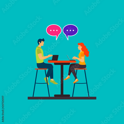 Online chat concept. A cute girl and man sitting at cafe working on laptop.  Freelancer, blogging concept. Vector illustration can use for web page, template, mobile app