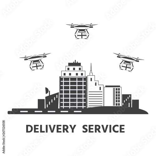 Banner. Drone Delivery service. Vector illustration. Quadrocopter shipping parcel box.