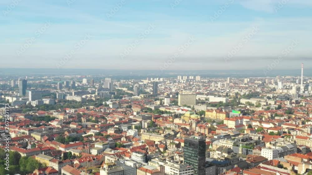 Zagreb, capital of Croatia, city center aerial view from drone, cathedral and Upper town, panning shot Zagreb, capital of Croatia, city center aerial view from drone, cathedral and Upper town, panning shot