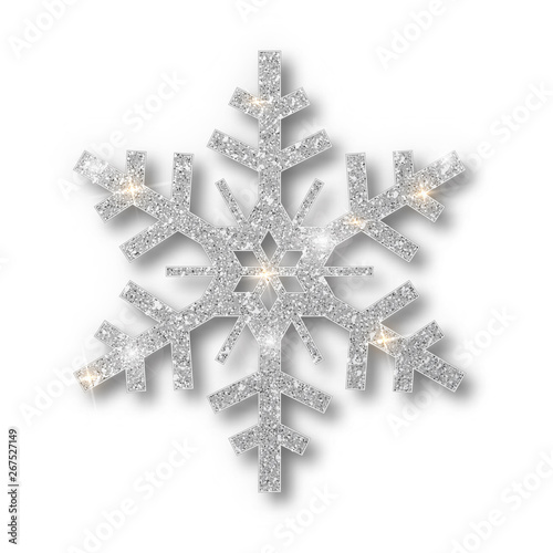 Silver snowflake, Christmas decoration, covered bright glitter. Silver glitter texture snowflake isolated. Xmas ornament silver snow with bright sparkle