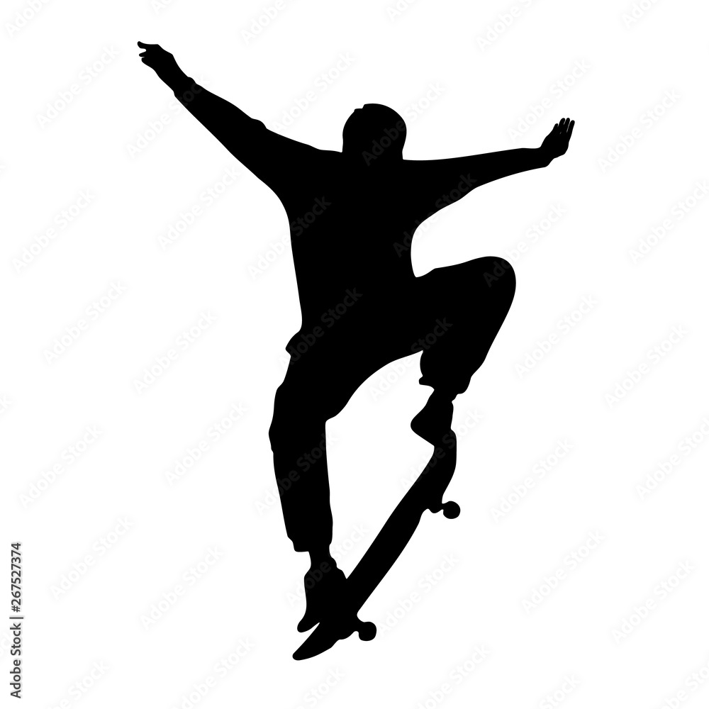 Vecteur Stock Black silhouette of skateboarder isolated on white  background. Skateboard guy. Skateboarding trick ollie. Jump on skateboard |  Adobe Stock