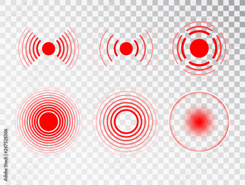 Pain red circle or localization mark, aching place sign, abstract symbol of pain, sore spot or hurt body part marker, design element for painkiller advertisement and medical information posters.