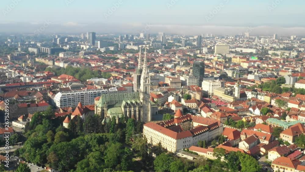 Zagreb, capital of Croatia, city center aerial view from drone, cathedral and Upper town, panning shot Zagreb, capital of Croatia, city center aerial view from drone, cathedral and Upper town, panning shot