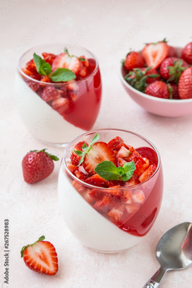 strawberry and vanilla cream jelly dessert with fresh berry strawberry and vanilla cream jelly dessert with fresh berry