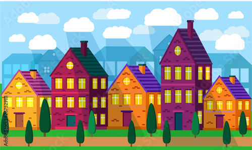 landscape with houses  flat style vector illustration