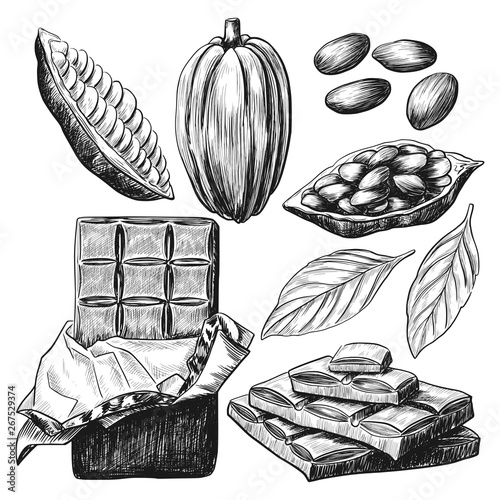 Hand drawn chocolate bar, beans and leaves ink line art set, black and white draft sketch isolated on white background. Vintage vector food clip art illustration.