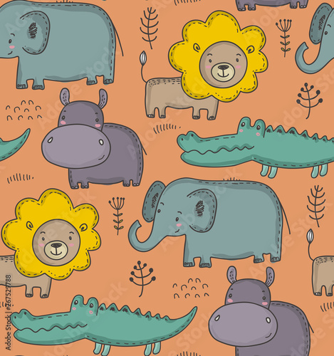 Vector seamless pattern with cartoon African animals, jungle plants and trees.