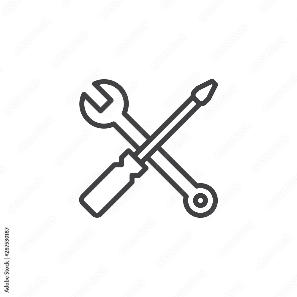 Wrench and screwdriver line icon. linear style sign for mobile concept and web design. Manual setting tool outline vector icon. Symbol, logo illustration. Pixel perfect vector graphics Wrench and screwdriver line icon. linear style sign for mobile concept and web design. Manual setting tool outline vector icon. Symbol, logo illustration. Pixel perfect vector graphics