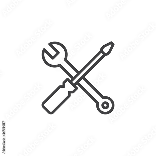 Wrench and screwdriver line icon. linear style sign for mobile concept and web design. Manual setting tool outline vector icon. Symbol, logo illustration. Pixel perfect vector graphics
