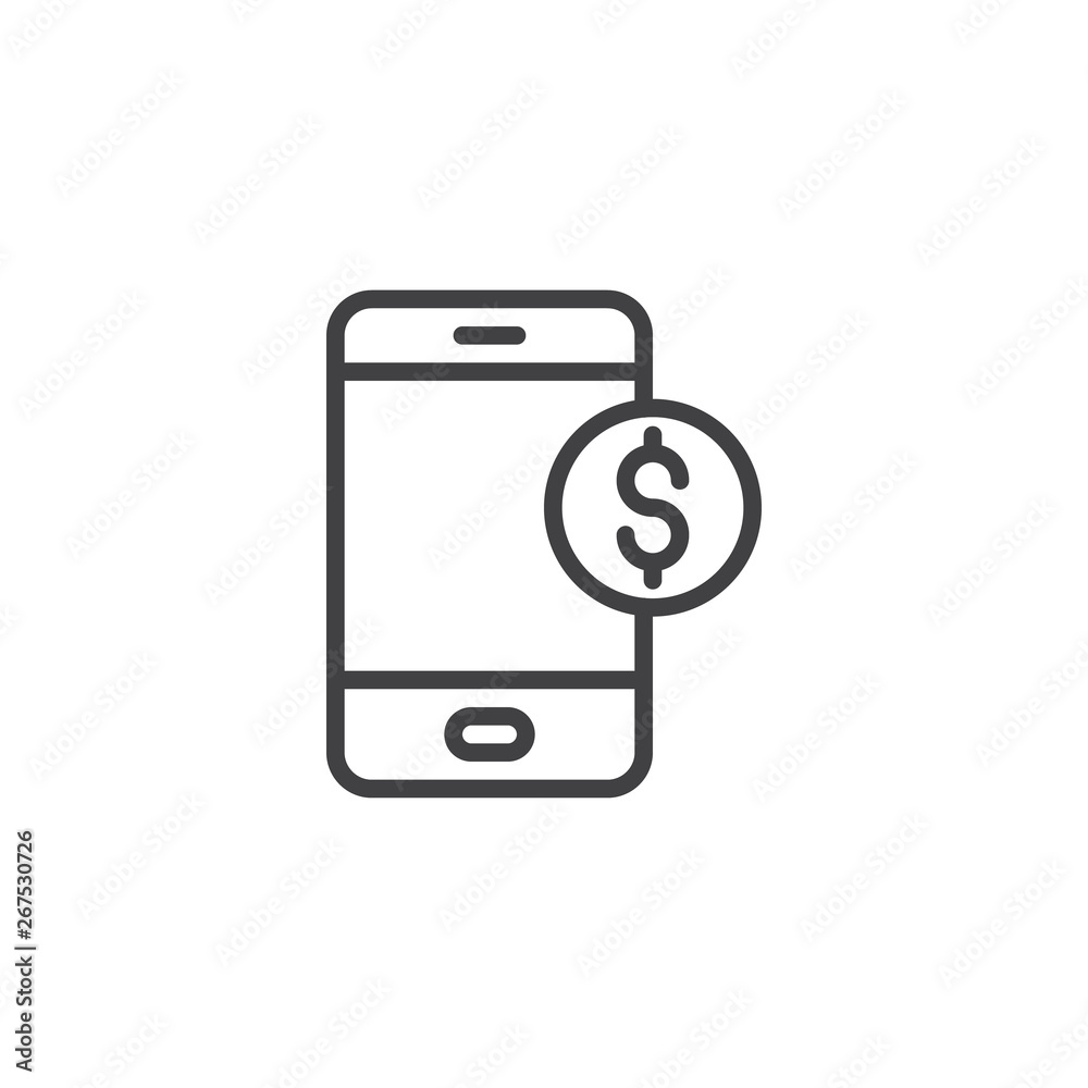 Mobil banking line icon. Online payment linear style sign for mobile concept and web design. Smartphone and money outline vector icon. Symbol, logo illustration. Pixel perfect vector graphics Mobil banking line icon. Online payment linear style sign for mobile concept and web design. Smartphone and money outline vector icon. Symbol, logo illustration. Pixel perfect vector graphics