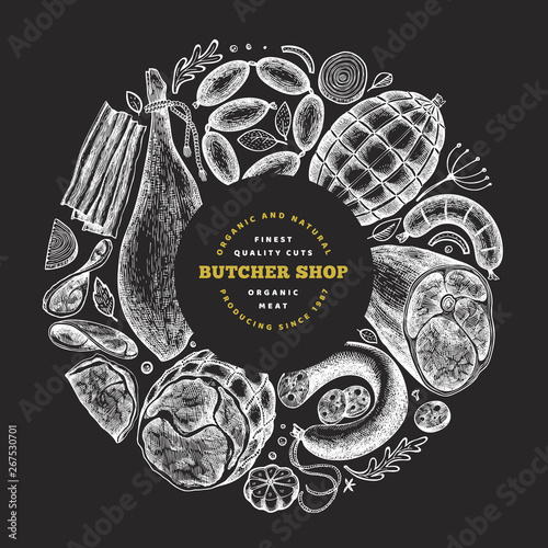 Vintage vector meat products design template. Hand drawn ham, sausages, jamon, spices and herbs. Raw food ingredients. Retro illustration on chalk board. Can be use for label, restaurant menu.