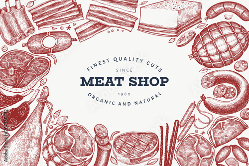 Vintage vector meat products design template. Hand drawn ham, sausages, jamon, spices and herbs. Raw food ingredients. Retro illustration. Can be use for label, restaurant menu.