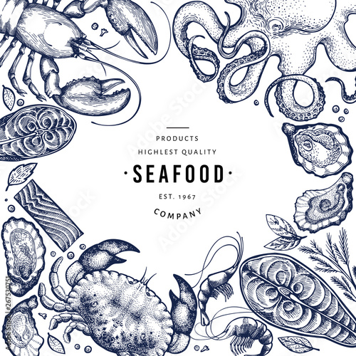 Seafood and fish design template. Hand drawn vector illustration. Food banner. Can be used for design menu, packaging, recipes, label, fish market, seafood products.