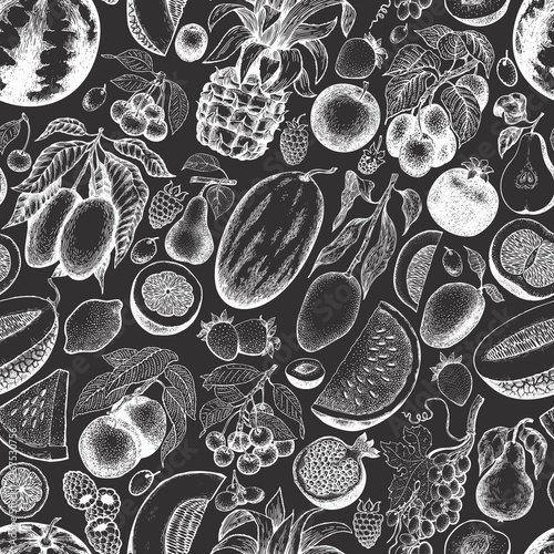 Fruits and berries seamless pattern. Hand drawn vector tropic fruits illustration on chalk board. Engraved style fruit. Retro exotic food banner.
