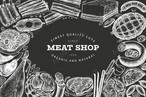 Vintage vector meat products design template. Hand drawn ham, sausages, jamon, spices and herbs. Raw food ingredients. Retro illustration on chalk board. Can be use for label, restaurant menu.