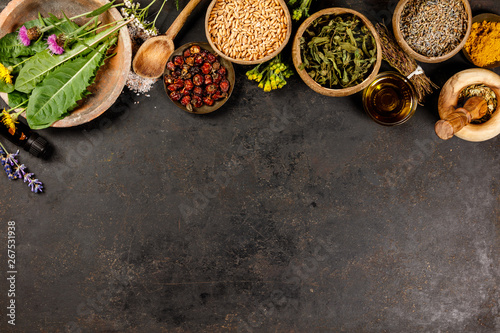Canvastavla Flat lay of wild healing herbs