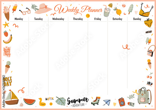 Collection of weekly and daily planners, sheet for notes and to do lists with summer  illustrations and lettering. 