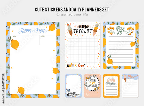 Collection of weekly and daily planners, sheet for notes and to do lists with summer  illustrations and lettering. 