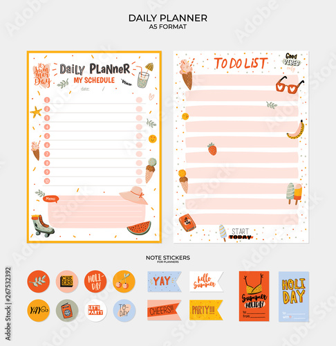 Collection of weekly and daily planners, sheet for notes and to do lists with summer  illustrations and lettering. 