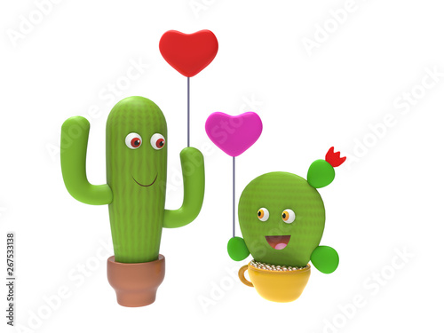 Loving couple cactus with hearts on sticks transparent background 3d rendering illustration