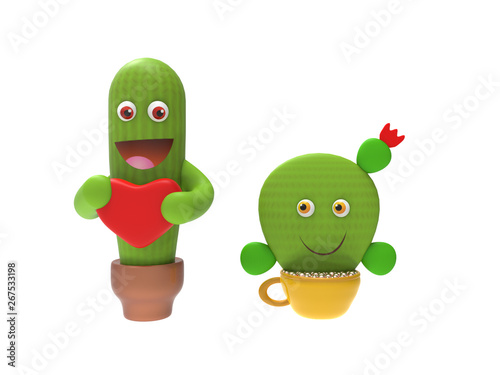 Cactus man give heart cactus woman on white background 3d rendering illustration
