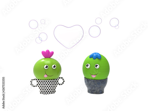Loving cactus boy and girl with soap bubbles in the form of heart 3d rendering illustration