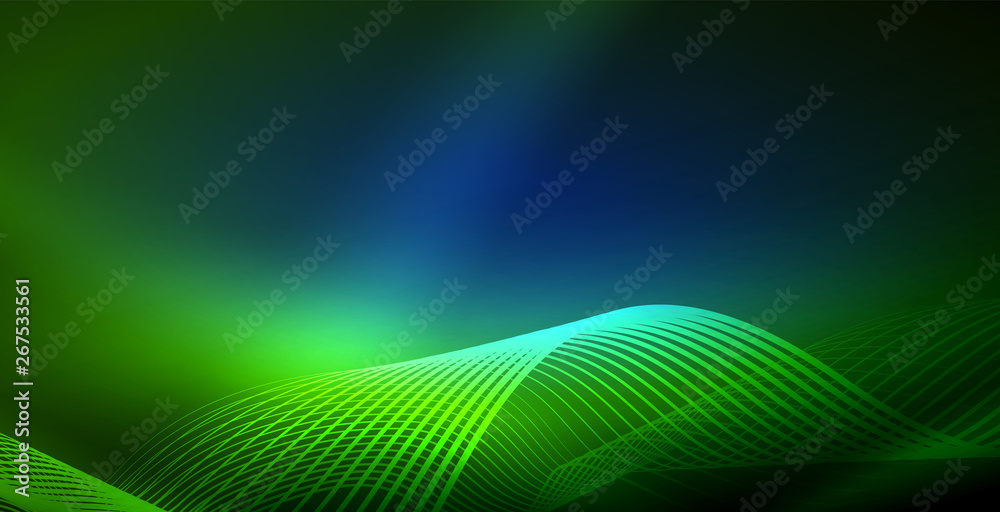 Glowing abstract wave on dark, shiny motion, magic space light. Techno abstract background Glowing abstract wave on dark, shiny motion, magic space light. Techno abstract background