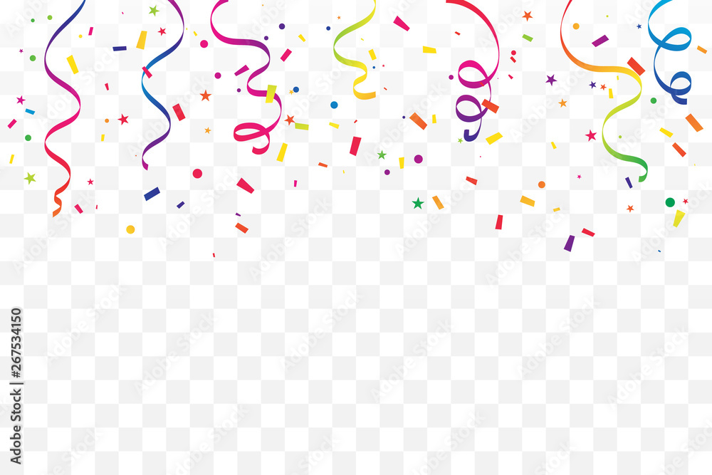 Many Falling Colorful Tiny Confetti And Ribbon On Transparent Background. Celebration Event and Party. Multicolored. Vector Many Falling Colorful Tiny Confetti And Ribbon On Transparent Background. Celebration Event and Party. Multicolored. Vector