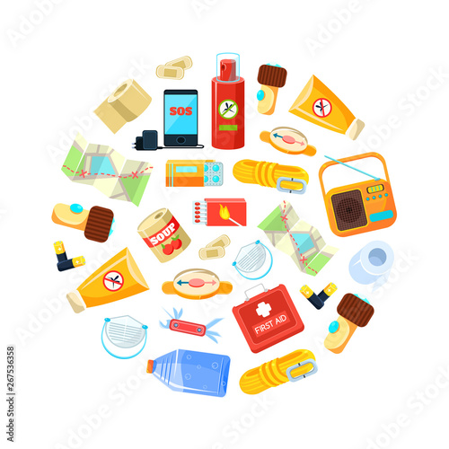 Wilderness Survival Kit, Travel Necessities in Circular Shape, First Aid Kit, Map, Canned Food, Phone, Rope, Compass, Bottle of Water, Radio, Box of Matches, Repellent, Vector Illustratio