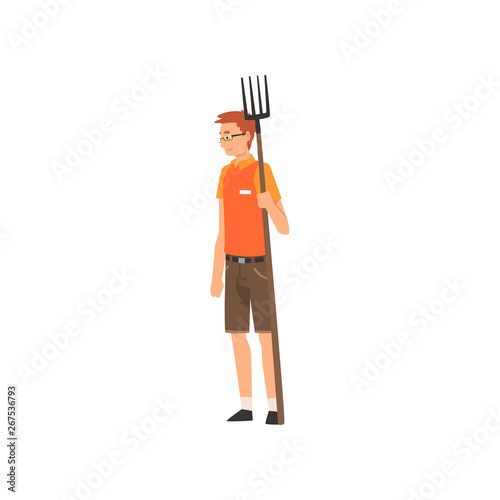 Zoo Worker Standing with Pitchfork, Professional Zookeeper Character Caring of Animal Vector Illustration