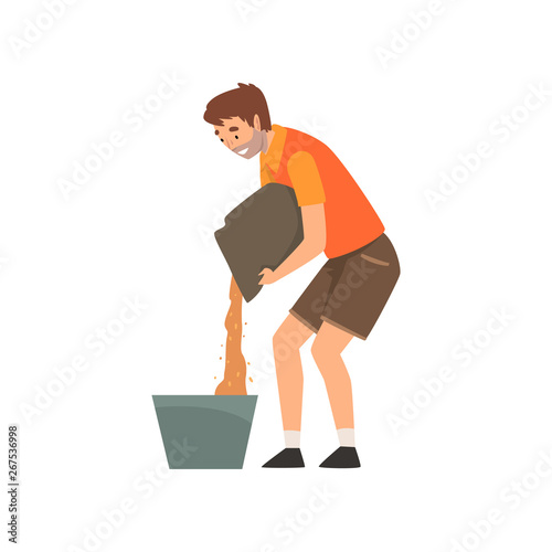 Zoo Worker Pouring Grain in Bucket, Professional Zookeeper Character Caring of Animals Vector Illustration