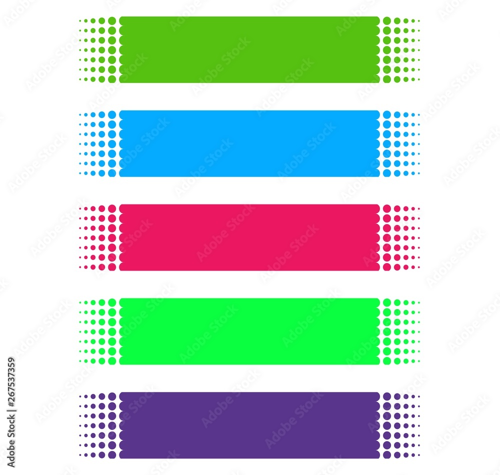 5 Farbige banner mit gepunktetem Rand