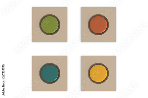 Multicolored round buttons in a square  metallic frame isolated on white. Realistic illustration 3d rendering.