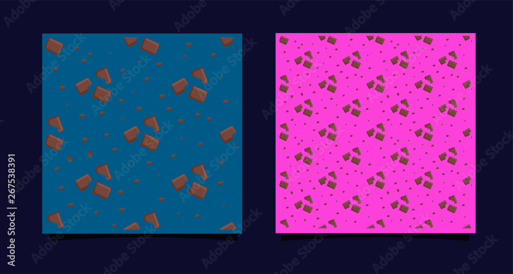 Tile with chocolate pieces. Bitten dessert. Seamless pattern with sweets. Simple print for textile design, blog background, fabric. Registration of the menu of a candy store, cafe. vector illustration
