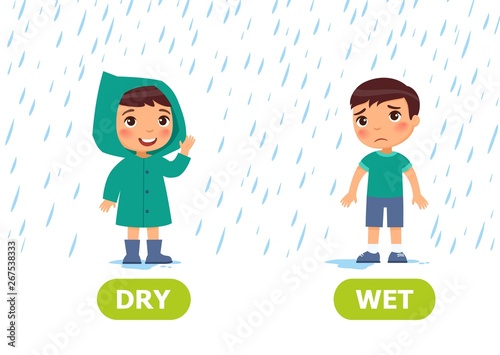 Little boy in a raincoat and without a raincoat in the rain. Illustration of opposites dry and wet. Card for teaching aid, for a foreign language learning. Vector illustration, cartoon style.