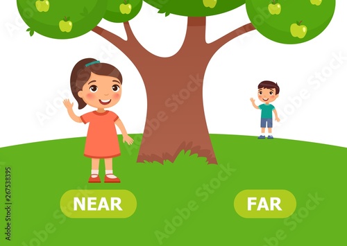 Illustration of opposites. Girl stands near and boy stands far..Card for teaching aid, for a foreign language learning. Vector illustration on white background..