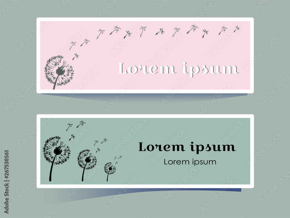 Stylish horizontal banner with dandelion flower on pink and gray background. Silhouette plants blown by the wind in the style of a sketch. With space for text. set of templates for cover, flyer