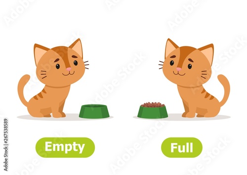 Сat with a full cat bowl and with an empty. Illustration of opposites many and few. Card for teaching aid, for a foreign language learning. Vector illustration on white background, cartoon style.