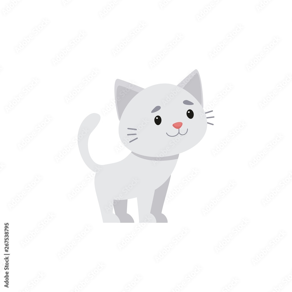 White kitty standing and smiling. Vector illustration on white background, cartoon style. White kitty standing and smiling. Vector illustration on white background, cartoon style.