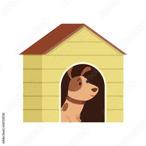 The puppy is sitting in a doghouse. Vector illustration on white background, cartoon style