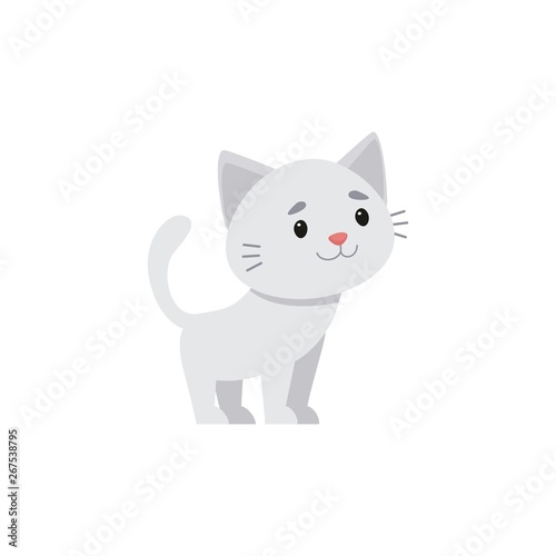 White kitty standing and smiling. Vector illustration on white background, cartoon style.