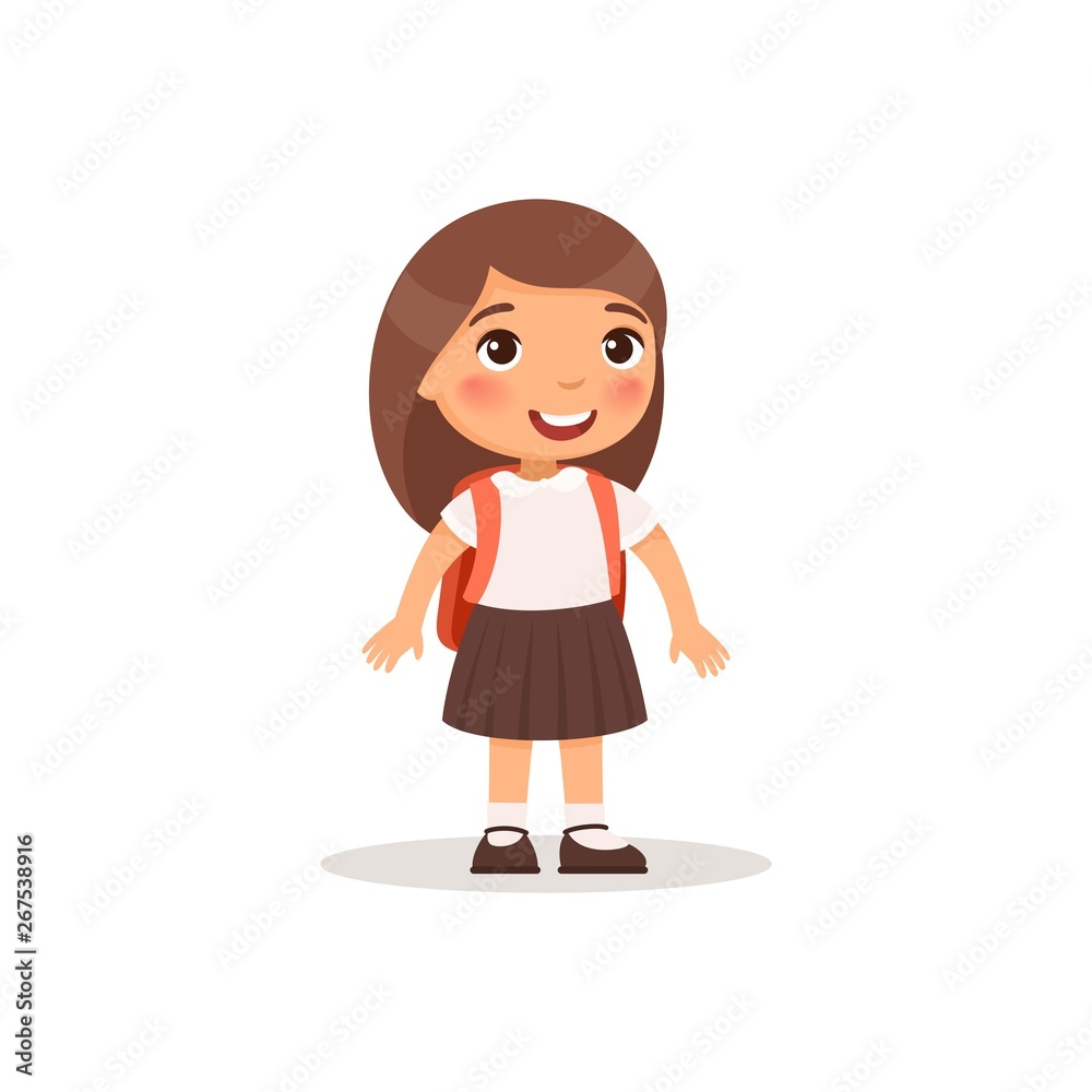 Schoolgirl in school uniform and with a backpack smiling. Back to school vector illustration of a cartoon style
