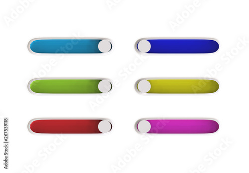 Set of oval multicolored buttons with a white frame and a slider isolated on white. 3d rendering